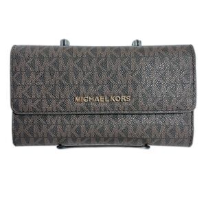 Michael Kors Jet Set Travel Trifold Wallet MK Monogram Brown Gold Tone